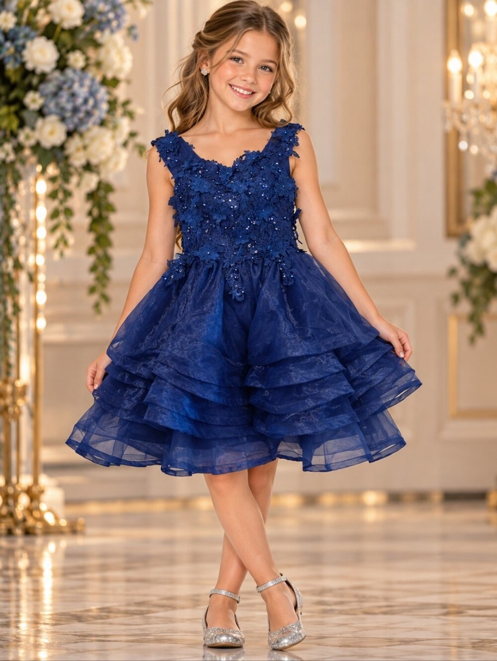 Girls Blue Formal Dress Floral Applique Sequin Tulle Party Pageant size 8 10
